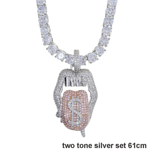 Iced out white pink mouth pendant Dollar symbol engraved hiphop bling cz pave tennis chain dripping Lip men boy necklace jewelry