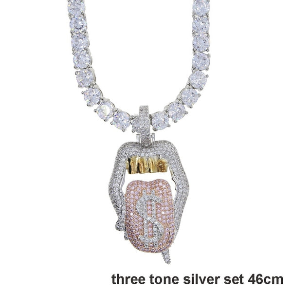 Iced out white pink mouth pendant Dollar symbol engraved hiphop bling cz pave tennis chain dripping Lip men boy necklace jewelry
