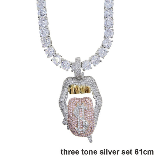 Iced out white pink mouth pendant Dollar symbol engraved hiphop bling cz pave tennis chain dripping Lip men boy necklace jewelry