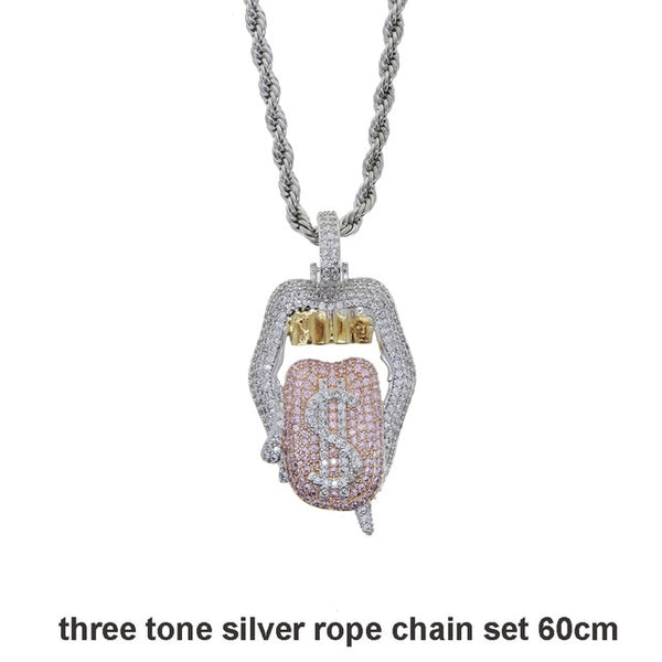 Iced out white pink mouth pendant Dollar symbol engraved hiphop bling cz pave tennis chain dripping Lip men boy necklace jewelry