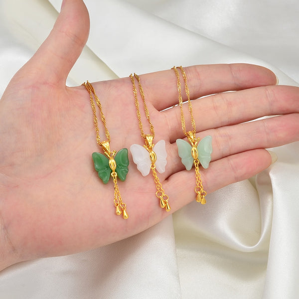 JADE  butterfly Necklaces for Women Green White Stone Charms Pendants Jewelry Birthday Wedding Party Accessories #002536