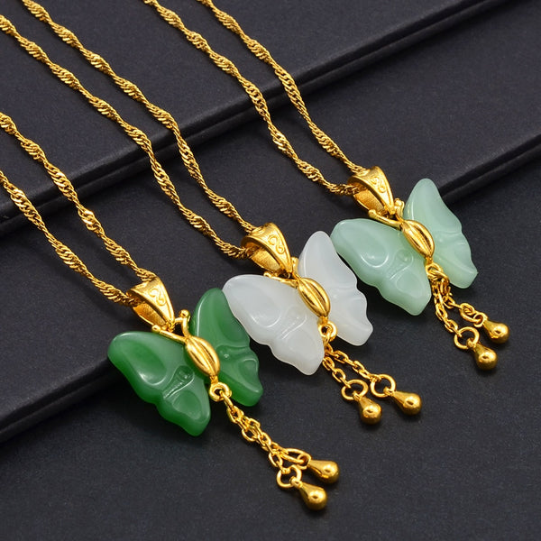 JADE  butterfly Necklaces for Women Green White Stone Charms Pendants Jewelry Birthday Wedding Party Accessories #002536