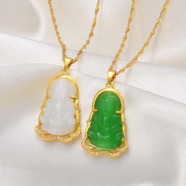 JADE Buddhist Guanyin Pendant Necklace Chinese Style Green/White Ornament