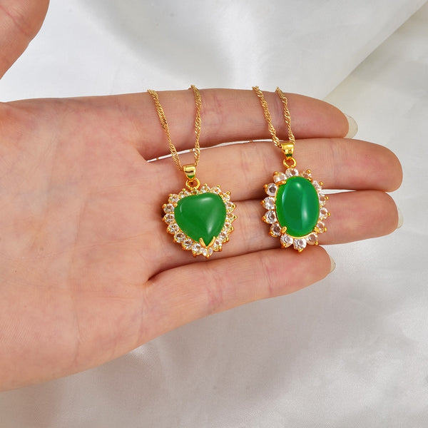 Jade Heart & Oval Green Stone Charm Pendant Neckalces faux jade
