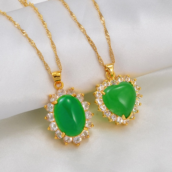 Jade Heart & Oval Green Stone Charm Pendant Neckalces faux jade