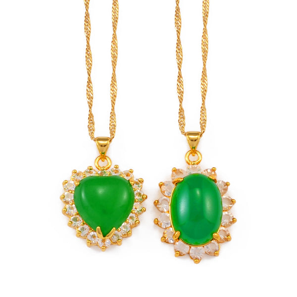 Jade Heart & Oval Green Stone Charm Pendant Neckalces faux jade