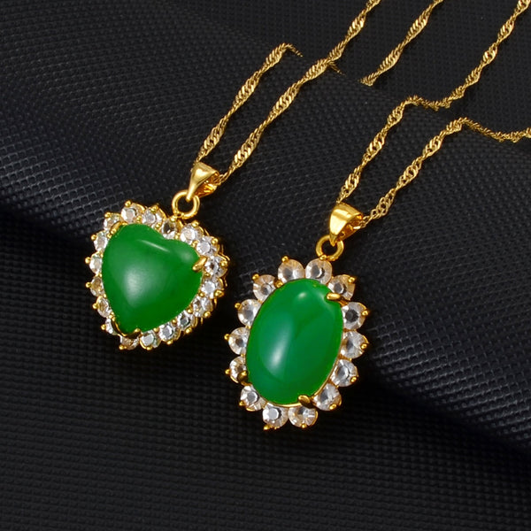 Jade Heart & Oval Green Stone Charm Pendant Neckalces faux jade