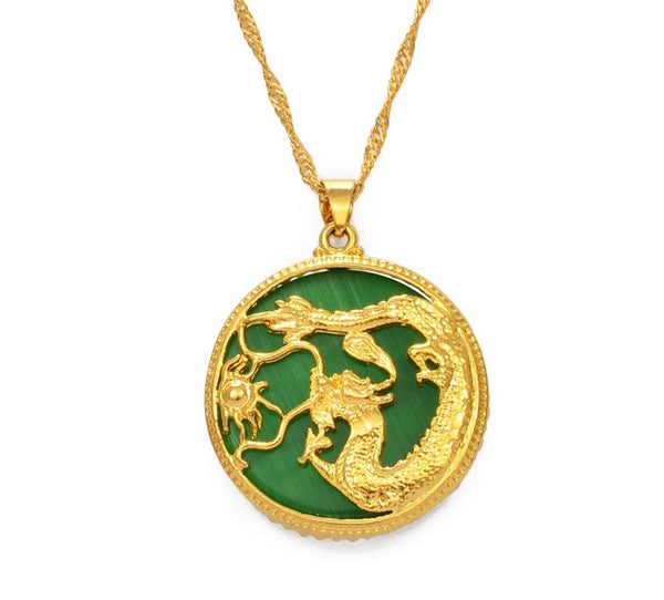 Jade Green Stone Charm Dragon Pendant Necklaces