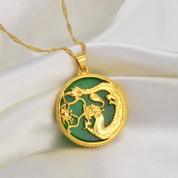 Jade Green Stone Charm Dragon Pendant Necklaces