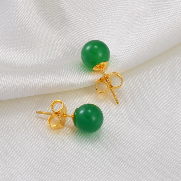 Jade  Green Stone Ball Earrings For Women Girls Gold