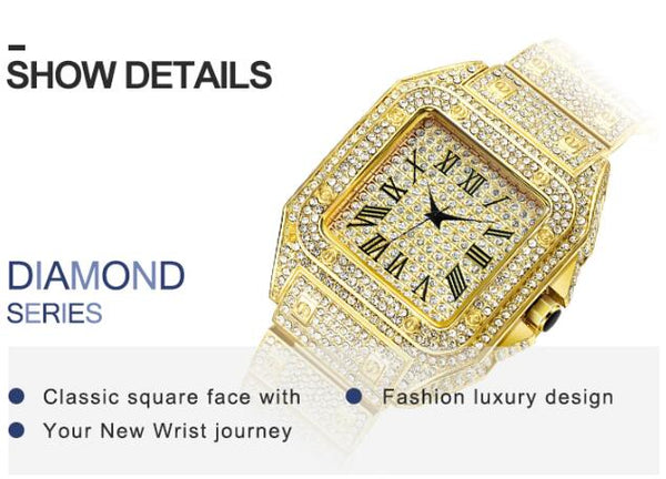 Hip Hop Full Iced Out Full Drill Men Square Watches Stainless Steel Fashion Luxury Rhinestones Quartz Square Business Watch