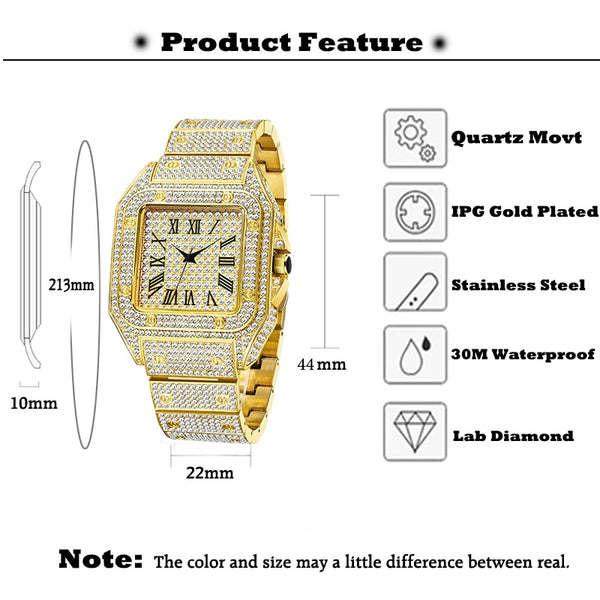 Hip Hop Full Iced Out Full Drill Men Square Watches Stainless Steel Fashion Luxury Rhinestones Quartz Square Business Watch