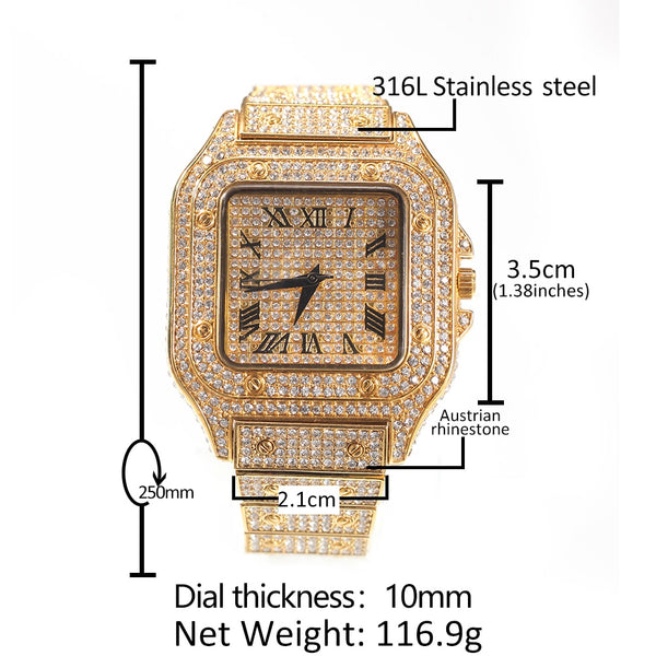Hip Hop Full Iced Out Full Drill Men Square Watches Stainless Steel Fashion Luxury Rhinestones Quartz Square Business Watch