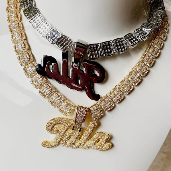 Custom Name Necklace Brush Script Bubble Letter Iced Out Two Tone CZ Name Plate Pendant