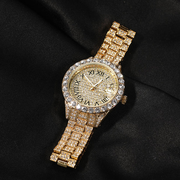 Icy watch,THE HIP HOP Dial Full Iced Out Colored Stainless Steel Fashion Luxury Rhinestones Quartz Wristwatches Business Woman Watch