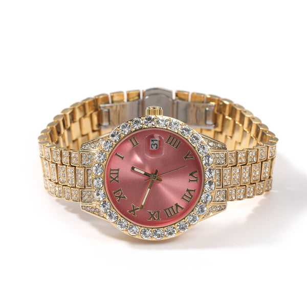 Icy watch,THE HIP HOP Dial Full Iced Out Colored Stainless Steel Fashion Luxury Rhinestones Quartz Wristwatches Business Woman Watch