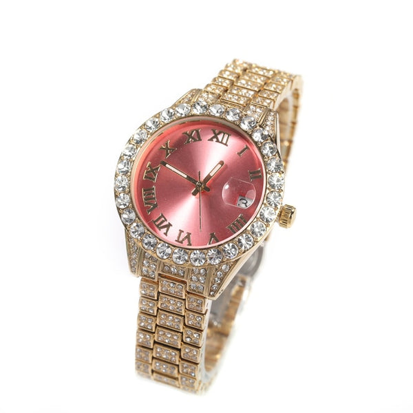 Icy watch,THE HIP HOP Dial Full Iced Out Colored Stainless Steel Fashion Luxury Rhinestones Quartz Wristwatches Business Woman Watch