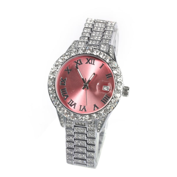 Icy watch,THE HIP HOP Dial Full Iced Out Colored Stainless Steel Fashion Luxury Rhinestones Quartz Wristwatches Business Woman Watch