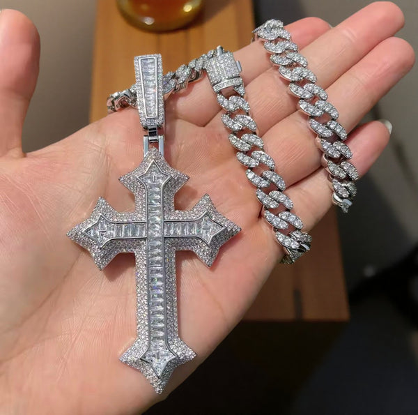 Iced Out Cross Pendant Necklace, 9mm Cuban Link Chain, Statement Jewelry