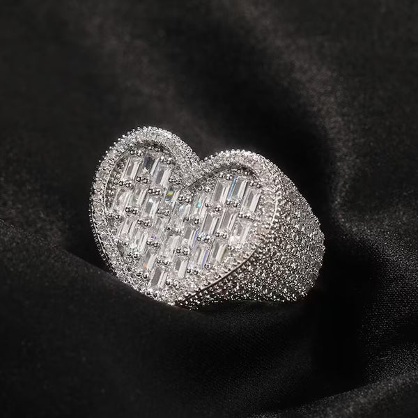 Heart  ring ,heart CZ Ring , luxury ring , Full Cubic Zircon Paved Copper Big Heart Ring Iced Out Bling Hip Hop Fashion - Lavishluxxshop