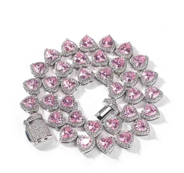 Heart Tennis Necklace, Iced Pink Heart Necklace, Luxury Crystal Heart Chain, Stainless Steel Romantic Statement Jewelry