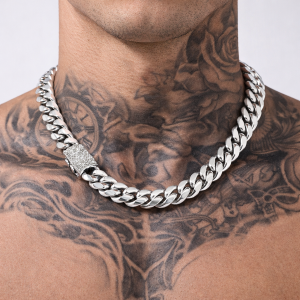 12mm Silver Miami Cuban Link Chain with Diamond Clasp 20inch  , Iced Silver Cuban Link Chain Necklace, 20 Inch Hip Hop Chain, Men’s Statement Jewelry hi