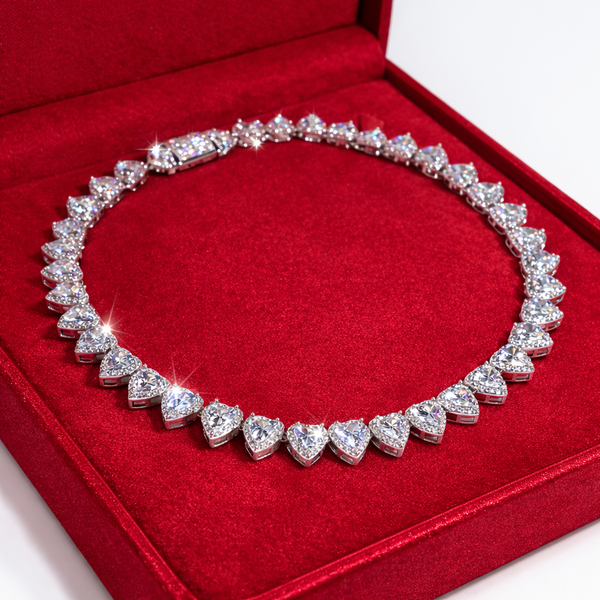 Heart Tennis Necklace, Iced Pink Heart Necklace, Luxury Crystal Heart Chain, Stainless Steel Romantic Statement Jewelry