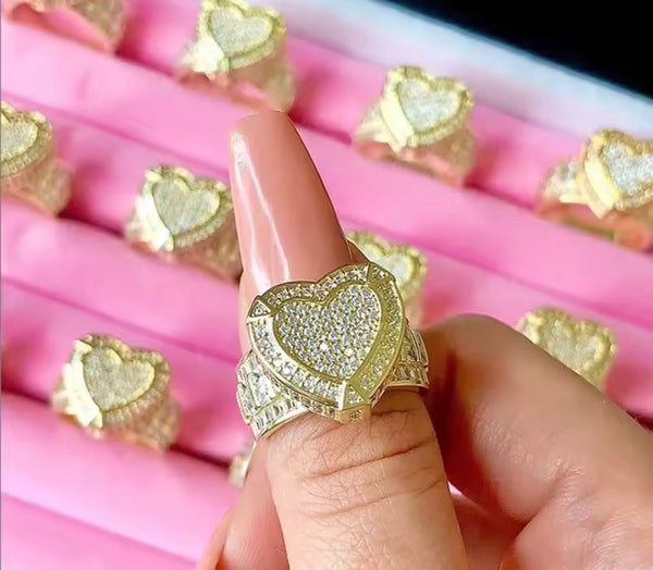 Heart  ring ,bling heart heart CZ Ring , luxury ring , Full Cubic Zircon Paved Copper Big Heart Ring Iced Out Bling