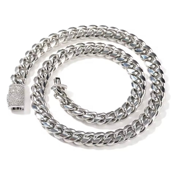 12mm Silver Miami Cuban Link Chain with Diamond Clasp 20inch  , Iced Silver Cuban Link Chain Necklace, 20 Inch Hip Hop Chain, Men’s Statement Jewelry hi