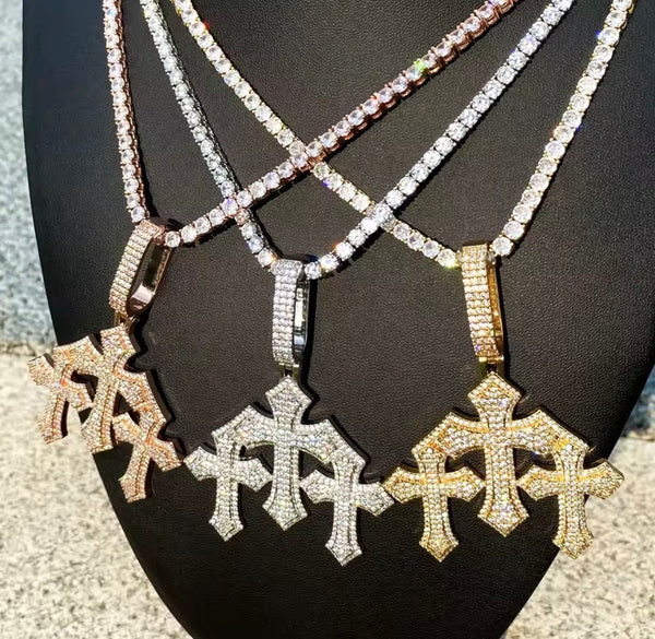 Triple Cross Pendant Tennis Necklace, Baguette Diamond Look, Silver Chain