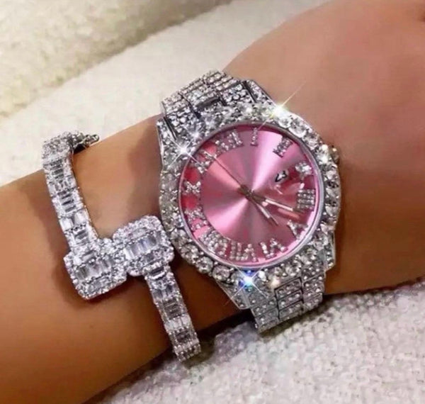 2 piece SET ! Pink and silver watch and square baguette bracelet - Lavishluxxshop