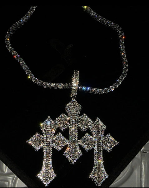 Triple Cross Pendant Tennis Necklace, Baguette Diamond Look, Silver Chain