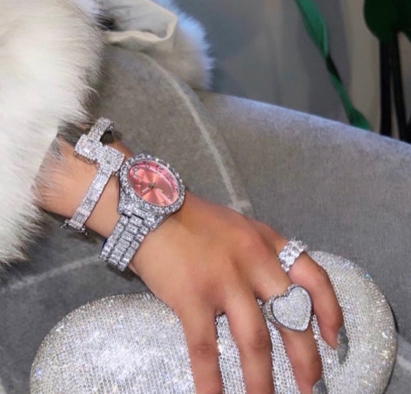 2 piece SET ! Pink and silver watch and square baguette bracelet - Lavishluxxshop