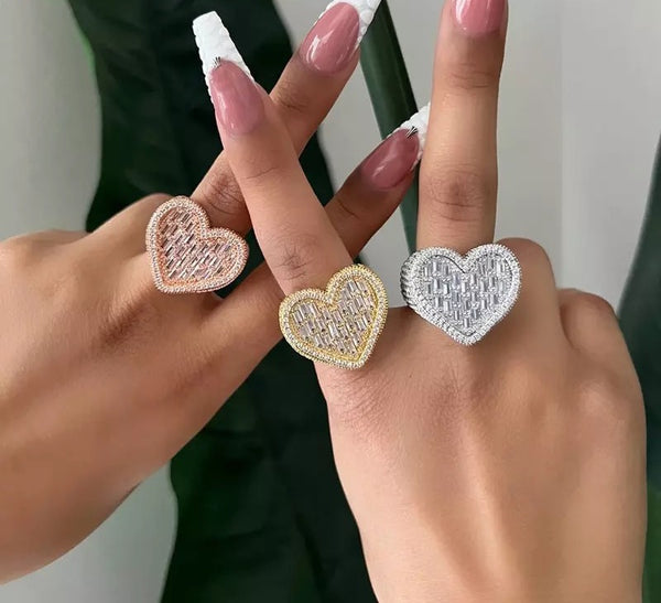 Heart  ring ,heart CZ Ring , luxury ring , Full Cubic Zircon Paved Copper Big Heart Ring Iced Out Bling Hip Hop Fashion - Lavishluxxshop