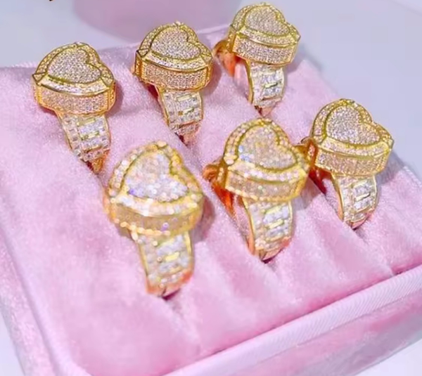Heart  ring ,bling heart heart CZ Ring , luxury ring , Full Cubic Zircon Paved Copper Big Heart Ring Iced Out Bling