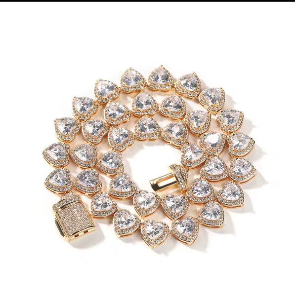 Heart Tennis Necklace, Iced Pink Heart Necklace, Luxury Crystal Heart Chain, Stainless Steel Romantic Statement Jewelry