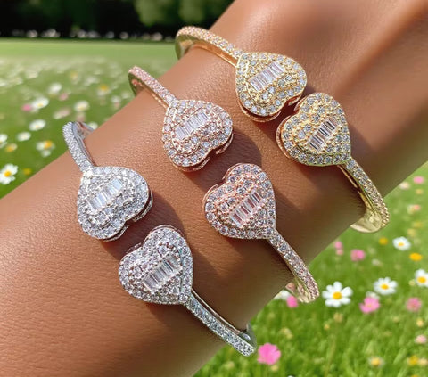 open heart bangle bracelet Baguette heart cuff bracelet,Opened Heart Zircon Bracelet Iced Out CZ  Bracelet
