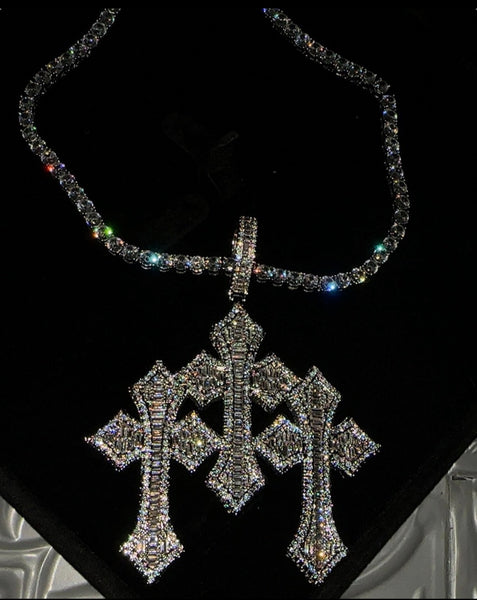 Triple Cross Pendant Tennis Necklace, Baguette Diamond Look, Silver Chain