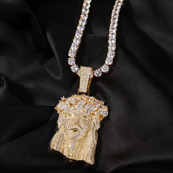 silver Jesus Face Rhinestone Crown Pendant + 5mm Tennis Chain 20” or 22”
