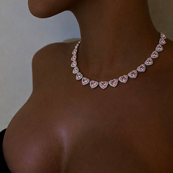 Heart Tennis Necklace, Iced Pink Heart Necklace, Luxury Crystal Heart Chain, Stainless Steel Romantic Statement Jewelry