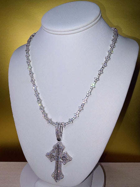 Tennis Chain Necklace with Iced Cross Pendant 20inch
