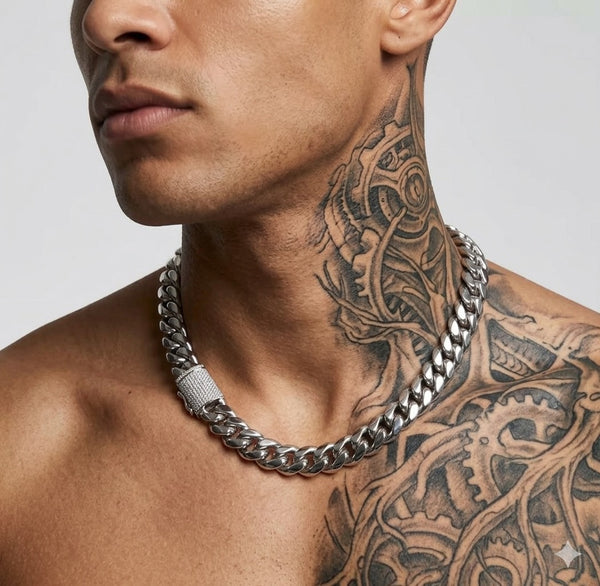 12mm Silver Miami Cuban Link Chain with Diamond Clasp 20inch  , Iced Silver Cuban Link Chain Necklace, 20 Inch Hip Hop Chain, Men’s Statement Jewelry hi