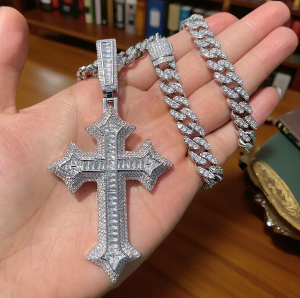 Cross Pendant Necklace, 9mm Cuban Link Chain
