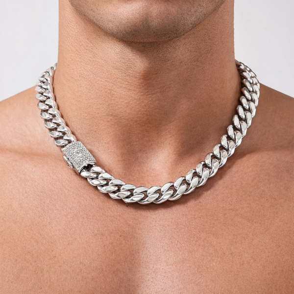 12mm Silver Miami Cuban Link Chain with Diamond Clasp 20inch  , Iced Silver Cuban Link Chain Necklace, 20 Inch Hip Hop Chain, Men’s Statement Jewelry hi