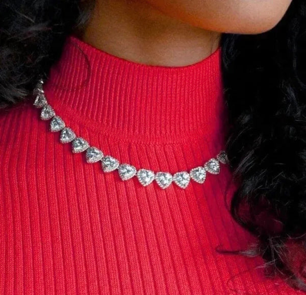 Heart Tennis Necklace, Iced Pink Heart Necklace, Luxury Crystal Heart Chain, Stainless Steel Romantic Statement Jewelry
