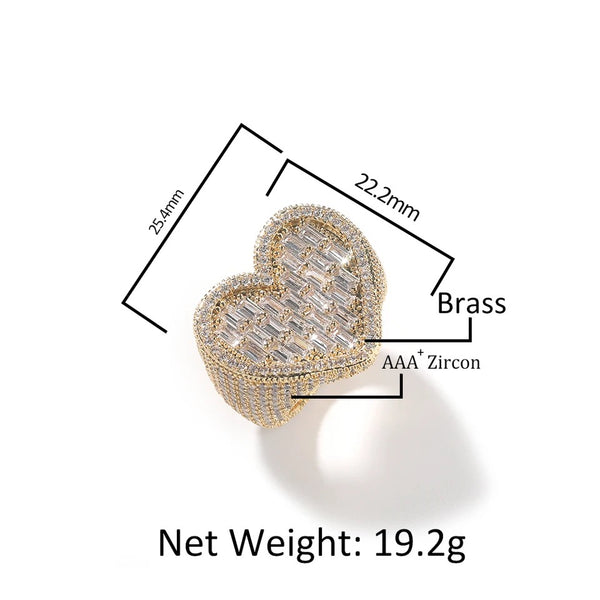 Heart  ring ,heart CZ Ring , luxury ring , Full Cubic Zircon Paved Copper Big Heart Ring Iced Out Bling Hip Hop Fashion - Lavishluxxshop