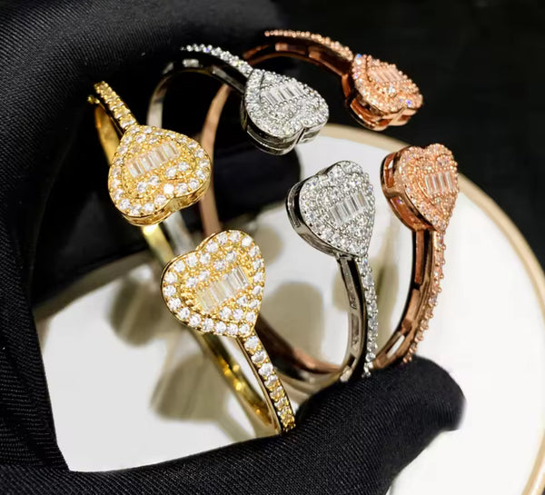 open heart bangle bracelet Baguette heart cuff bracelet,Opened Heart Zircon Bracelet Iced Out CZ  Bracelet