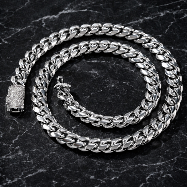 12mm Silver Miami Cuban Link Chain with Diamond Clasp 20inch  , Iced Silver Cuban Link Chain Necklace, 20 Inch Hip Hop Chain, Men’s Statement Jewelry hi