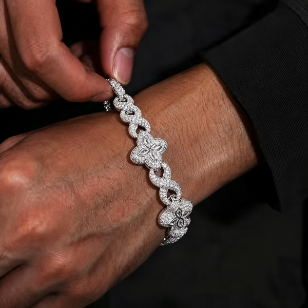 Iced Out Clover Bracelet, Silver Flower Link Chain, Baguette Stone Jewelry