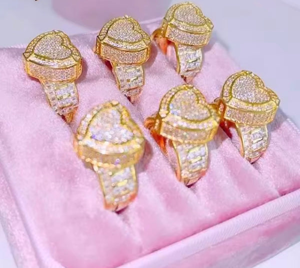 Heart  ring ,bling heart heart CZ Ring , luxury ring , Full Cubic Zircon Paved Copper Big Heart Ring Iced Out Bling